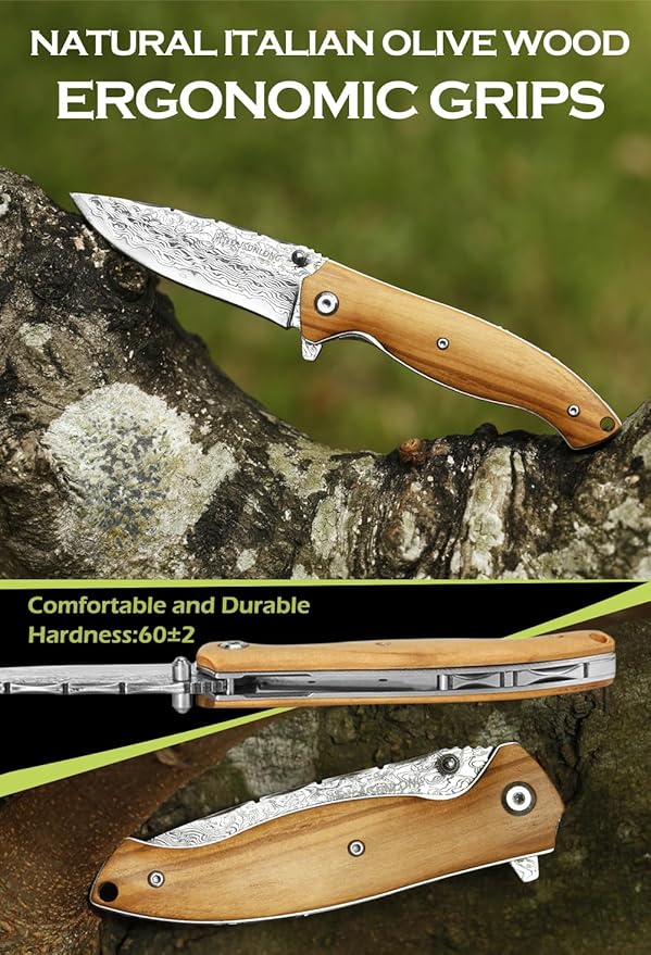 YOUSUNLONG Folding Knife Overall 191mm Pocket Knife - Hammered Damascus Steel Blade - Natural Italian Olive Wood Handle