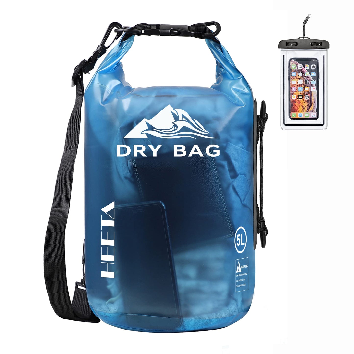 HEETA Dry Bag Waterproof Backpack with Phone Case (Transparent Blue, 10L)