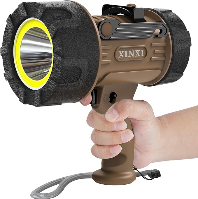 XINXI Super High Bright Rechargeable Spotlight with COB Floodlight, 6 Light Modes and USB Charger for Hiking, Boating, Hunting, IP67 Waterproof Handheld Flashlight with red Filter(Brown)