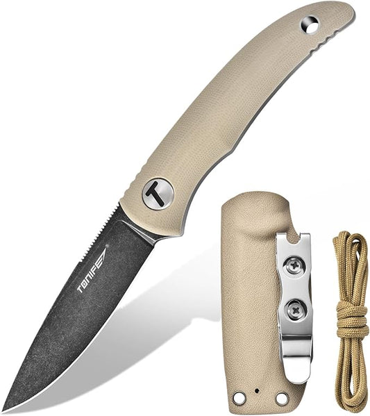 TONIFE Nova 2.68'' Blade Mini Neck Knife Full Tang Fixed Blade Knife with Kydex Sheath and Adjustable Paracord Lanyard for Camping Outdoor Survival Tool (Warm Sand+Black Oxide then Stonewash)