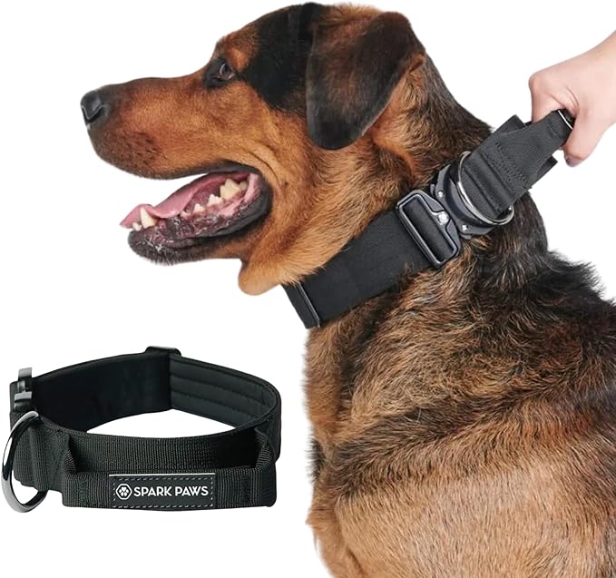 Spark Paws Tactical Dog Collar - Heavy Duty, Premium Quality, Thick and Durable for Large and Medium Dogs - Black- M - 1.5"