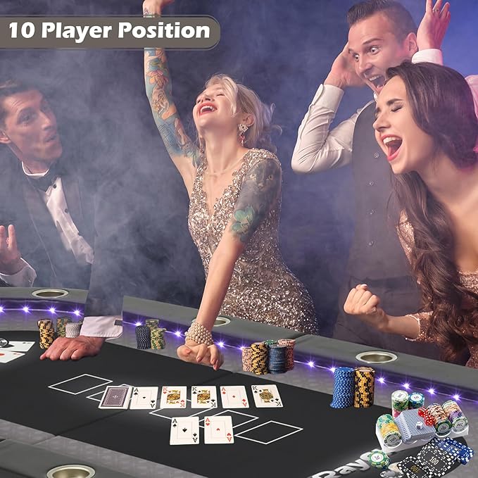 LED Poker Table, 84" 10 Player Foldable Texas Holdem Table w/Inlaid LED Light, 2 USB & 2 Type-c Ports, Portable Blackjac for Texas Card Game w/Cup Holders and Padded Rails (Black)
