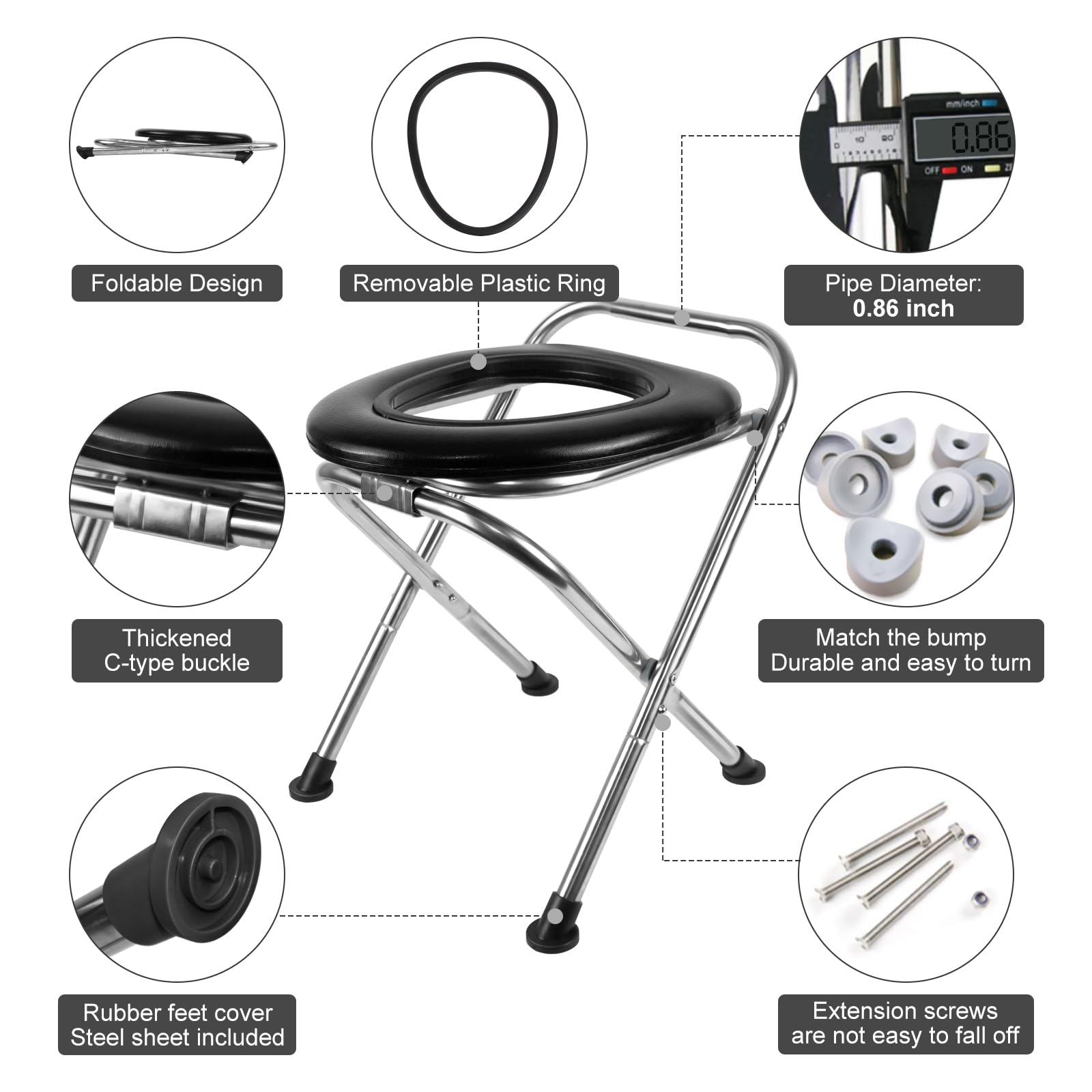 BLIKA Portable Toilet for Camping, 350LBS Stainless Steel Foldable Camp Travel Toilet with Soft