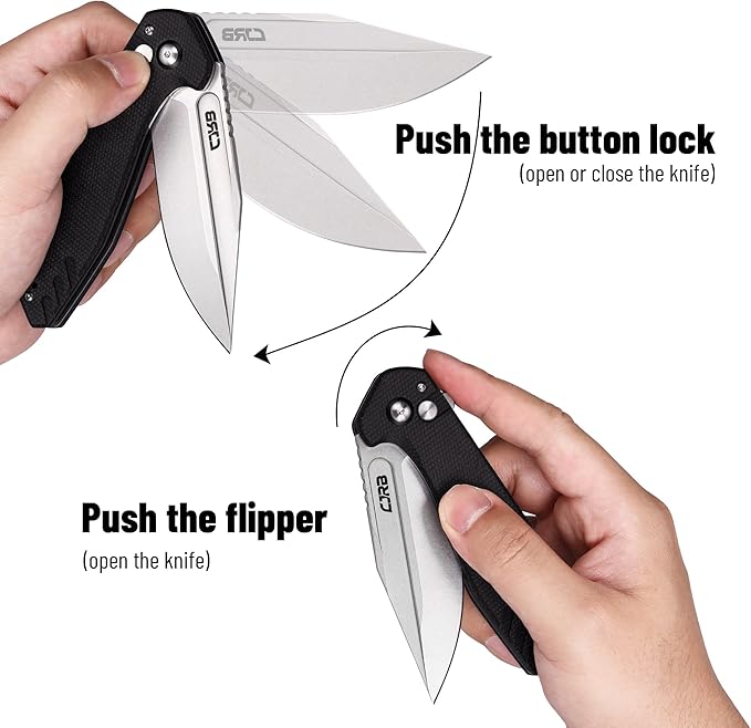 CJRB CUTLERY Folding Knife Riff (J1928) Button Lock Pocket Knife for Men AR-RPM9 Steel Blade and Black G10 Handle for Work Outdoor Hinking Camping