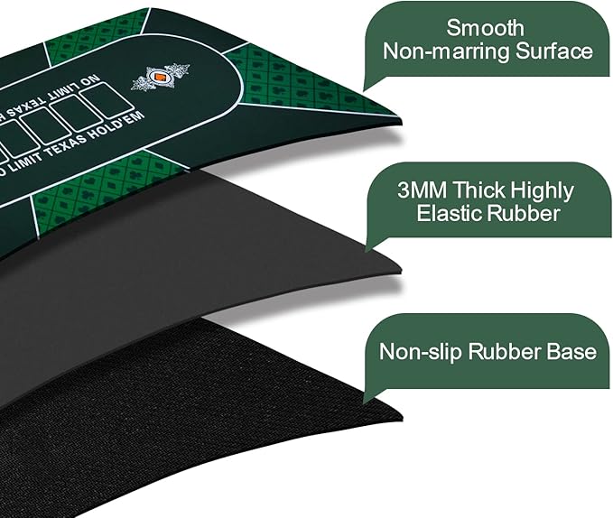 CONTINUE Upgraded Waterproof Poker Mat for 6 Players - Texas Hold'em & Blackjack - Anti-Slip Rubber Table Top Layout with Carrying Bag (47 x 24)