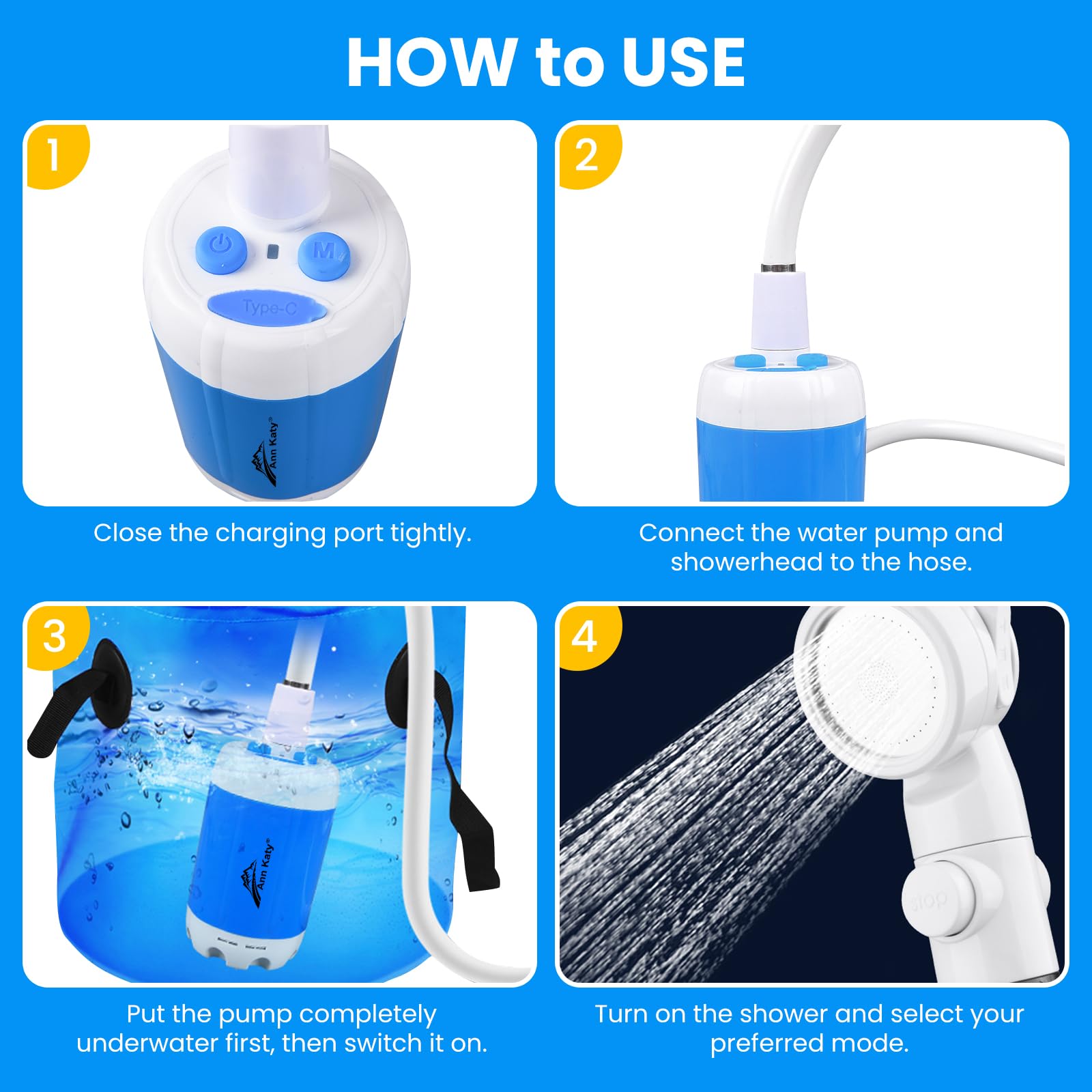 Ann Katy Portable Camping Shower Pump,Rechargeable Electric Outdoor Shower
