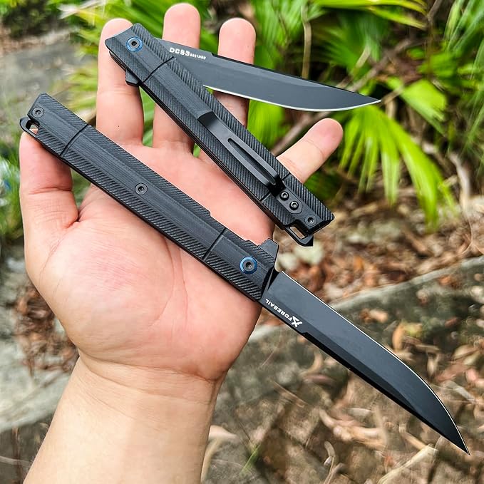 Flipper Pocket Folding Knife,DC53 Steel Blade and G10 Handle. With pocket clip and glass breaker,men's pocket knife hiking trip EDC tool Knife (Black PVD Blade-D)