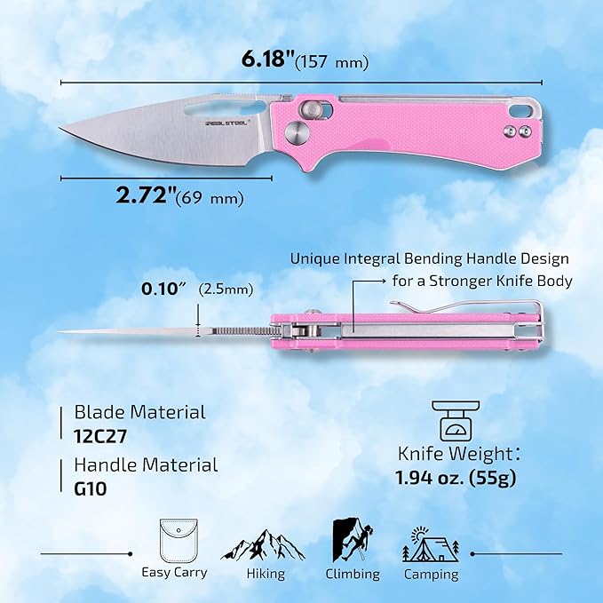 REALSTEEL VIS Pocket Knife, Folding Knife, Crossbar Lock, 2.72" Small 12C27 Steel Satin Plain Blade, Thumb Hole, G10 Handle, 1.94oz, Pocket Clip, Versatile Outdoor Indoor EDC Knife, Gifts for Men Women Camping Hiking Fishing Climbing (Pink G10/Satin)
