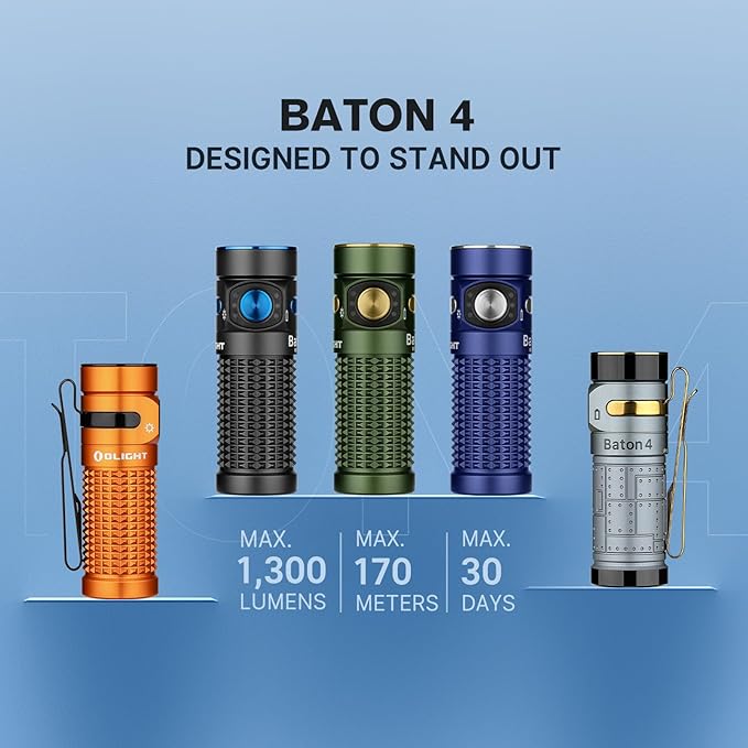 OLIGHT Baton4 Rechargeable EDC Flashlight, LED Pocket Light 1300 Lumens with Magnetic Charging Cable, 6 Modes, IPX8 Waterproof for Home, Camping and Emergency (Fighter Pilot)