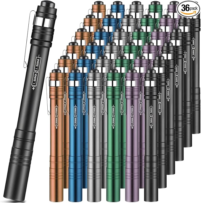 36 Pack Mini Pen Flashlights Bulk LED Pen Lights Aluminum Pocket Flashlights with Clips Small Handheld Torches Gifts for Camping Hiking Emergency Outdoor (Colorful)