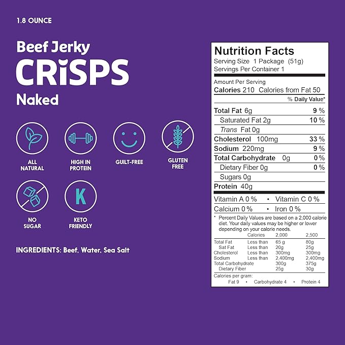 People's Choice Beef Jerky - Jerky Crisps - Naked - Three Ingredients - Beef, Water, Sea Salt - Sugar Free, Zero Carb, Gluten Free, Keto Friendly, Carnivore Diet, 40g Protein per Package - Thin, Crispy, Crunchy - 1.8 OZ (4 Pack)