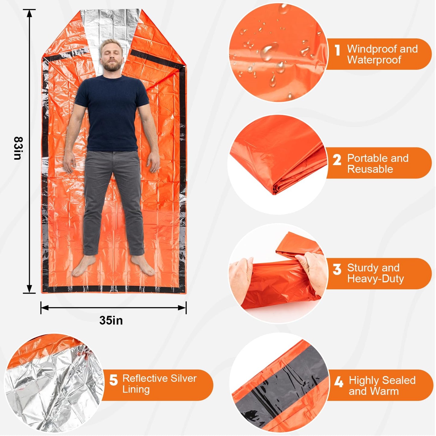 Thermal Emergency Sleeping Bag for Survival: Reflects 90% of Body Heat