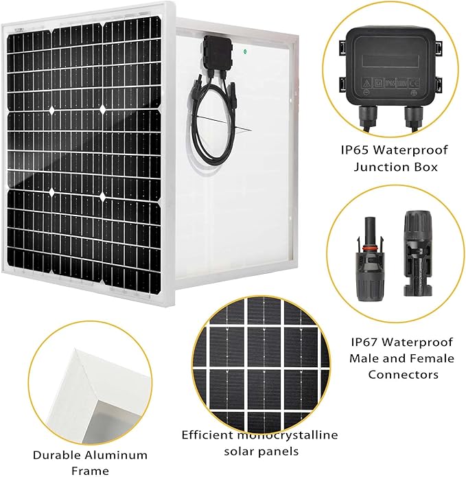 50 Watt 12 Volt Monocrystalline Solar Panel Kit, with 30A 12V/24V PWM Charge Controller for Outdoor RV Boat Trailer Camper Marine Off-Grid Home (50 Watt with Accessories)