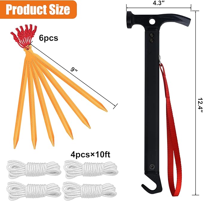 Eurmax USA Hiking Camping Tent Stakes and Hammer Set Lightweight Multi-Function Tent Hammer with Tent Stake Remover,Tent Pegs for Camping, Hiking, Backpacking, Gardening(Gold Stakes)