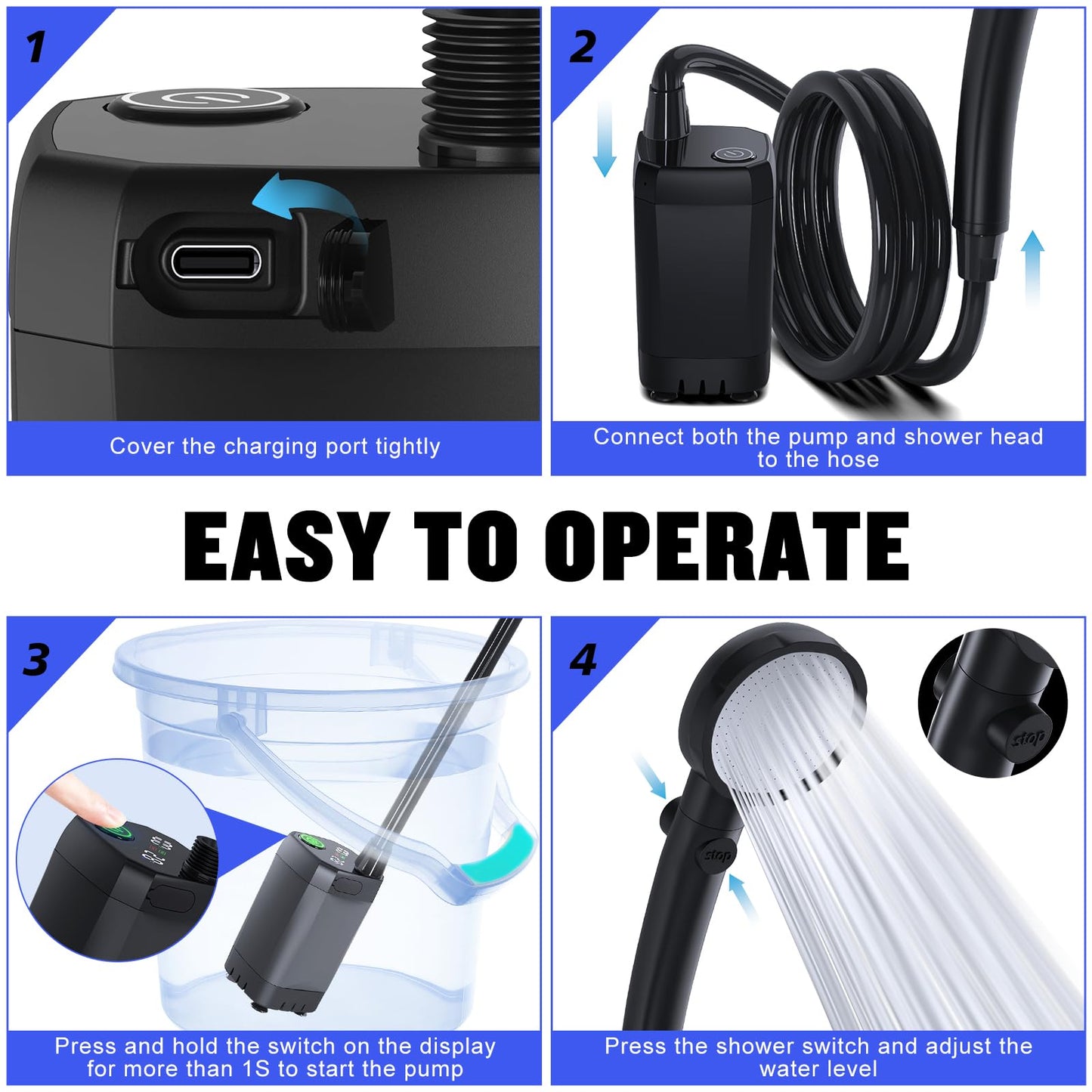 Spopal Portable Shower for Camping, [Long-Lasting] 6000mAh Rechargeable(Bk)