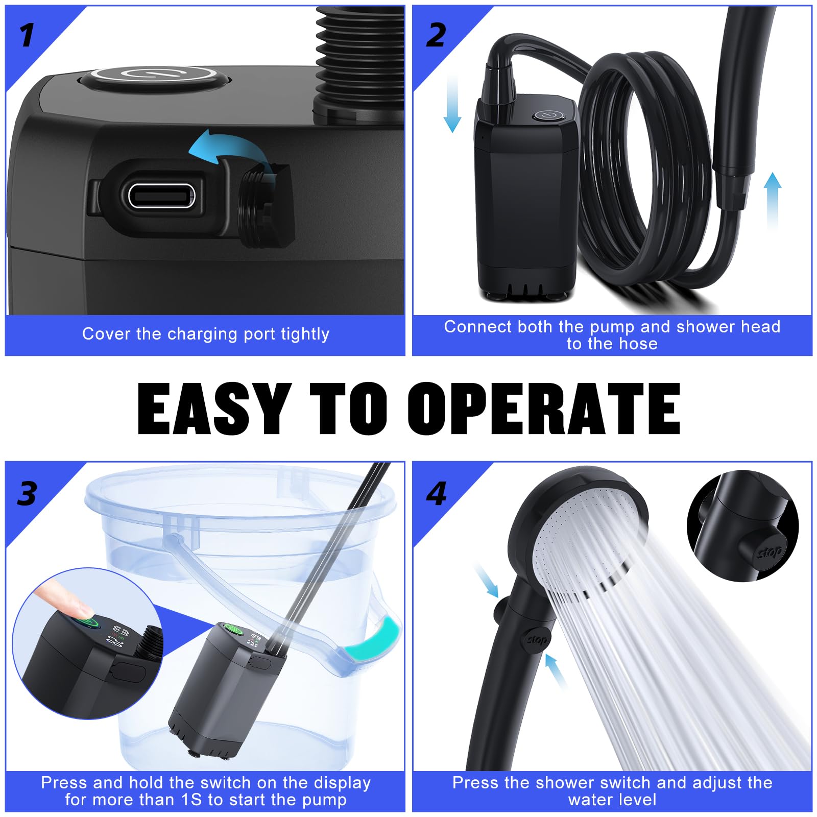 Spopal Portable Shower for Camping, [Long-Lasting] 6000mAh Rechargeable(Bk)
