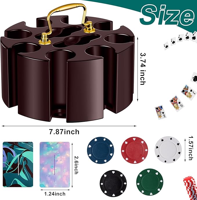 Wettarn Poker Chips Poker Set, 200 Count Rotating Chip Case Wood Carousel Case Holder with 200 Pcs Chips and 2 Decks of Playing Cards for Casino Party Supplies Family Game Accessory
