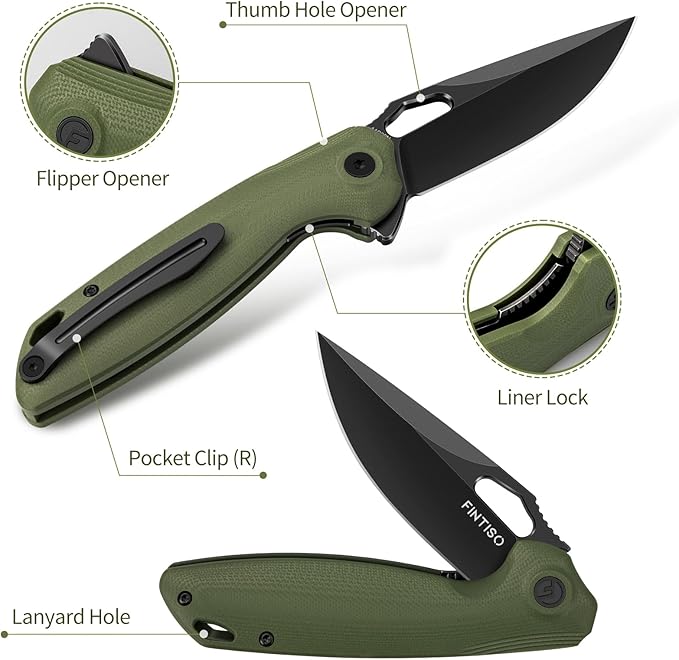 FINTISO Pocket Knife 3.38" Folding Knife Premium 14C28N Blade with G10 Handle, Camping Survival Hiking Knife, Best Gift for Men Women, Atlas Series