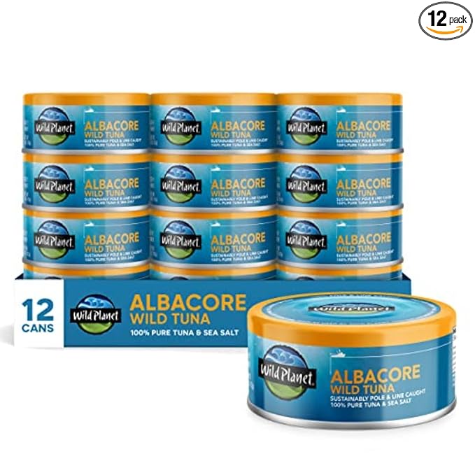 Wild Planet Albacore Wild Tuna, Sea Salt, Canned Tuna, Sustainably Wild-Caught, Pole & Line, Non-GMO, Kosher, 5 Ounce, Pack of 12