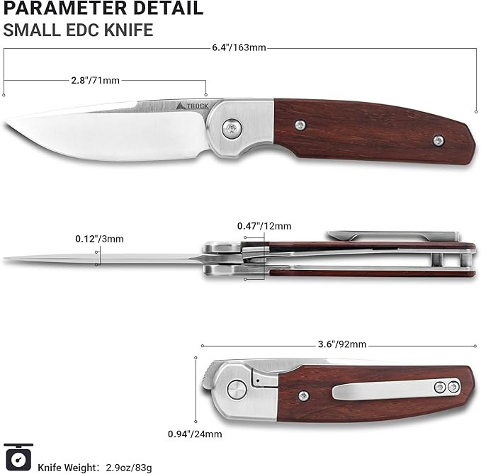 Small EDC Knife 2.8", Pocket Knife D2 Steel Point Blade Wood Handle - flipper Folding Knife for Men Women - Daily Carry Office Camping Hiking