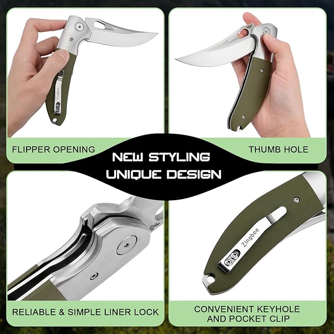 Pocket Knife with Clip, 3.7" 14C28N Blade EDC Folding Knife with Green G10 Handle, Outdoor Camping Folding Knives for Men Women