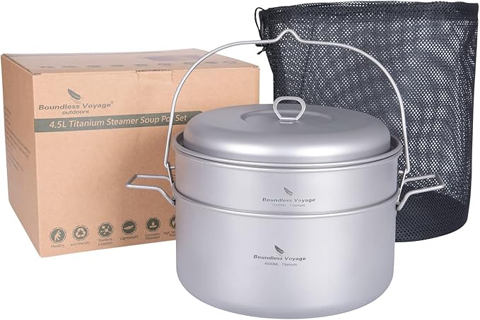 Boundless Voyage Titanium 4.5L Hanging Pot with Steaming Rack Folding Handle Outdoor Camping Cooking Stockpot Steamer Set