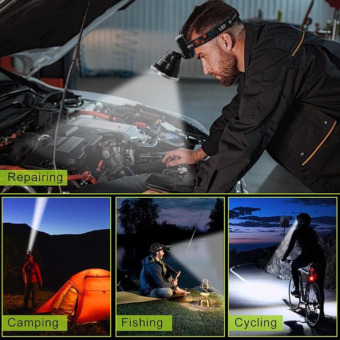 Rechargeable LED Headlamp with Flood and Spot Beam, Power Display, 5 Lighting Modes, Yellow/Blue Filter Lens, High Lumen Outdoor Waterproof Head Torch for Fishing, Hunting, Hiking, Outdoor