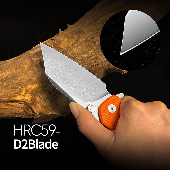 ioko Folding Pocket Knife, 3.5-Inch D2 Steel Blade, G10 Handle, EDC Camping Survival Knife with Clip (Orange)