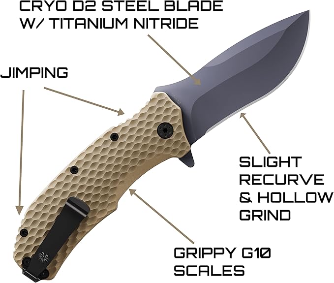 Off-Grid Knives - Rapid Fire Coyote, Large Assisted EDC, Hard Use Construction, Camping and Survival, Cryogenic D2 Blade Steel, Titanium Nitride Coating with G10 Scales, Deep Pocket Carry