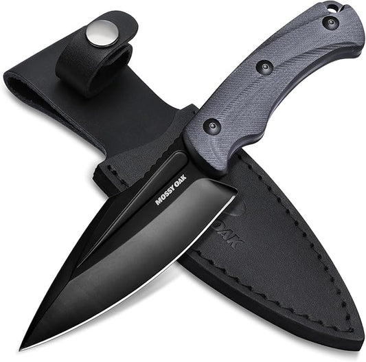 MOSSY OAK Hunting Knife with Sheath, 8.5-inch Full-tang Fixed Blade Knife, Outdoor Knives for Survival, Camping, Hiking (G10 Handle-Dark Grey)