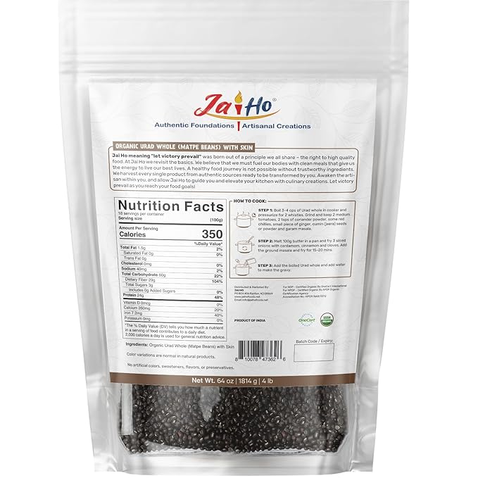 Jai Ho Certified Organic Kabuli Chana Garbanzo Beans 4 lb | Chickpeas Lentils | Indian Kabuli Chole Chana | USDA Organic | Non-GMO | Chemical-Free | Premium Quality Kosher (4 Pound, Urad Whole (With Skin))