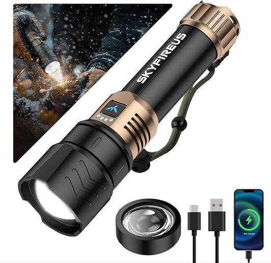 SKYFIRE LED Flashlights High Lumens with Ignition Lens,2000lm Super Bright Rechargeable Flashlight,Zoomable,Four Modes,Waterproof Tactical Flash Light for Camping Essentials,Outdoor,Home&Gifts