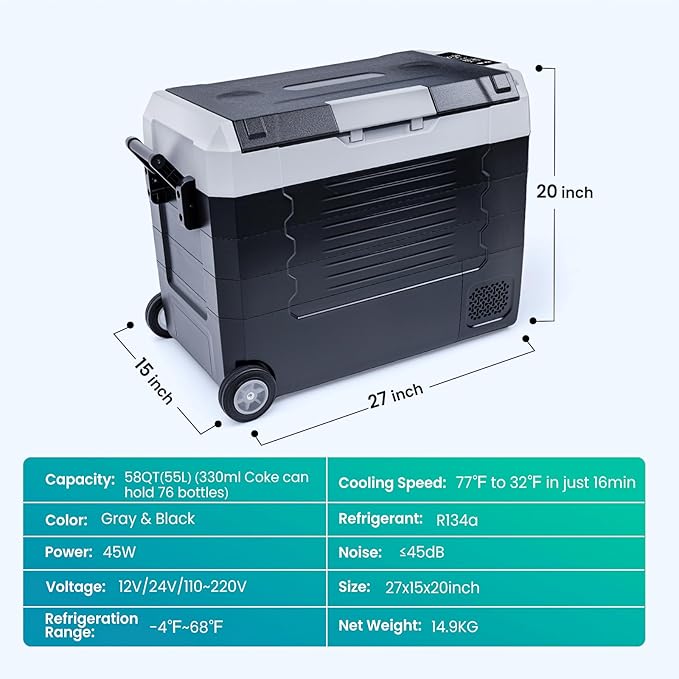 12V Car Refrigerator 58QT(55L) Car Fridge Portable Freezer Electric Cooler with Wheels 12/24V DC 110-240 Volt AC for Truck Van RV Camper SUV Travel Camping Road Trips Tailgating -4℉~68℉﻿