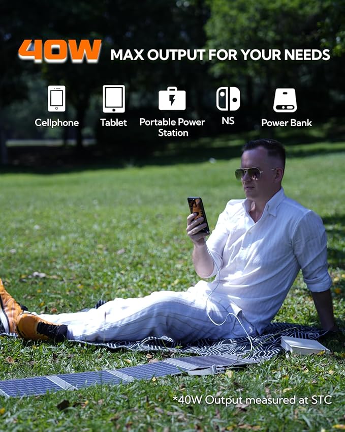 Portable Solar Panel, LUMOPAL 40W Foldable Solar Charger with USB-C PD 40W,5V USB-A QC3.0, DC18-20V Ports for Traveling Camping Backpacking Compatible with Phone iPad Power Station