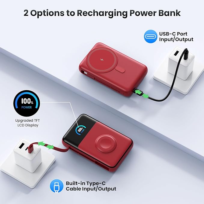 Magnetic Portable Charger 10800mAh with Built-in Cables,5-in-1 Qi2 Certified 15W Wireless Power Bank with iWatch Charger,30W PD Fast Charging USB-C Battery Pack for iPhone 17/16/15/14/13/12 Series-Red