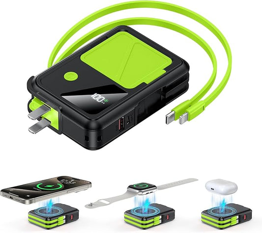Wireless Portable Charger,5-in-1 Magnetic Power Bank 10000mAh Built in Cables and AC Plug,22.5W Fast Charging Magnetic Battery Pack,Compatible with iPhone 16/15/14/13/12,Apple Watch Series,Airpods