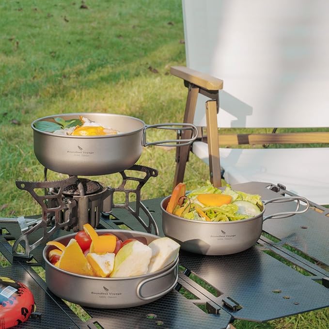 iBasingo 3-Piece Set Titanium Pot Set Camping Cooking Pan with Folding-Handle Outdoor Camp Cookware Pot Sets