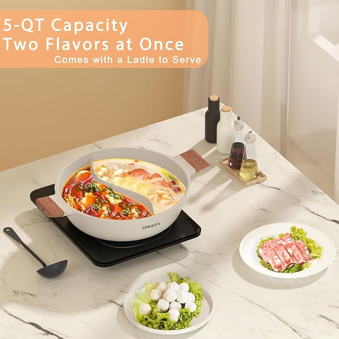 Dezin 5-QT Double-flavor Shabu Shabu Pot with Divider, Dual Sided Nonstick Hot Pot, 12 Inch Divided Stockpot for Cooking, Hotpot for Induction Cooktop, Gas Stove & Hot Burner, Soup Ladle Included