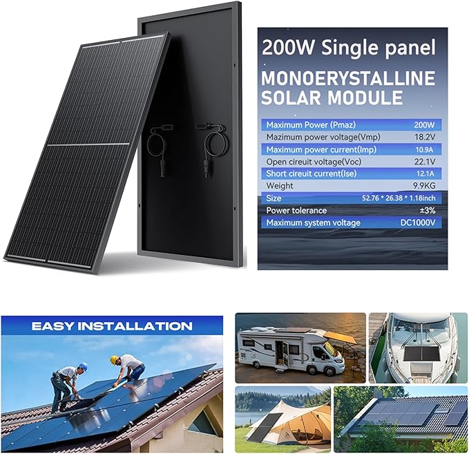 1600 Watt Solar Panels (200W 8 Pack) Monocrystalline High-Efficiency 12V Solar Panel for RV Camping Boat Home Farm Marine Battery and Other Off-Grid Applications (1600w, 200w*8)
