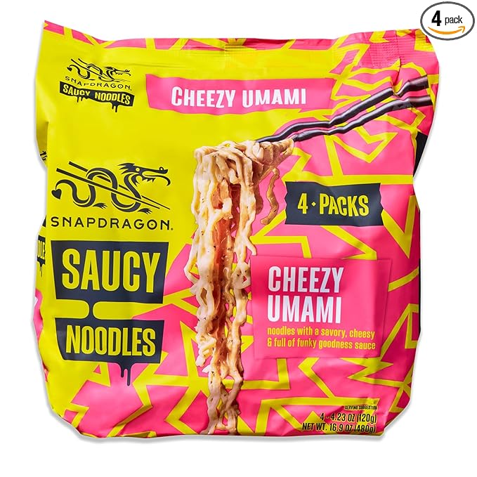 Snapdragon Saucy Instant Noodles with Cheezy Umami, Savory Slurpable Sauce - Quick Meal, Snack, and Lunch. 4-Pack Microwave Noodles for Cup, Bowl, Cheddar Cheese Ramen or Asian Stir Fry