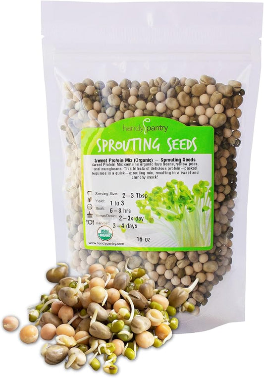 Organic Sprouting Seeds - Handy Pantry Sweet Protein Mix 1 lb. - Fava Bean, Mung Bean, & Yellow Pea Seeds - High Protein Food for Daily Health or Food Storage - Easy and Delicious Organic Sprout Seed
