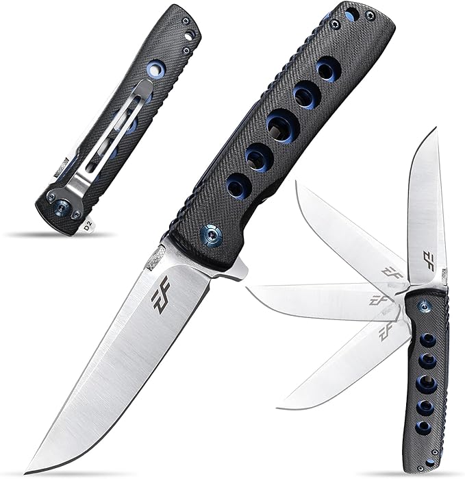 Eafengrow EF27 Folding knife, D2 Steel Blade Everyday Carry, Flipper Open, Liner Lock, G10 Handle Pocket Knifes with Clip for Camping Hiking(Black)