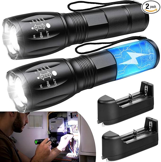 2 Pack LED Tactical Flashlights High Lumens Lights Portable Waterproof Zoomable Flashlight with 5 Modes for Camping/Outdoor/Hiking/Gift-Giving/Emergency