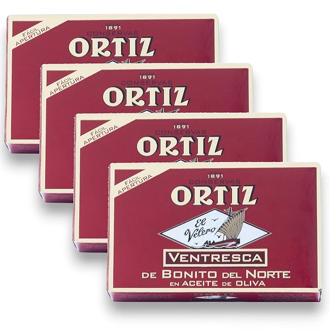 Ortiz Ventresca White Tuna Belly in Olive Oil, Tender Buttery Fillets with Exquisite Flavor, Superior Wild Caught Tuna Packed in Delicate Spanish Olive Oil, 3.88oz Can (Pack of 4)