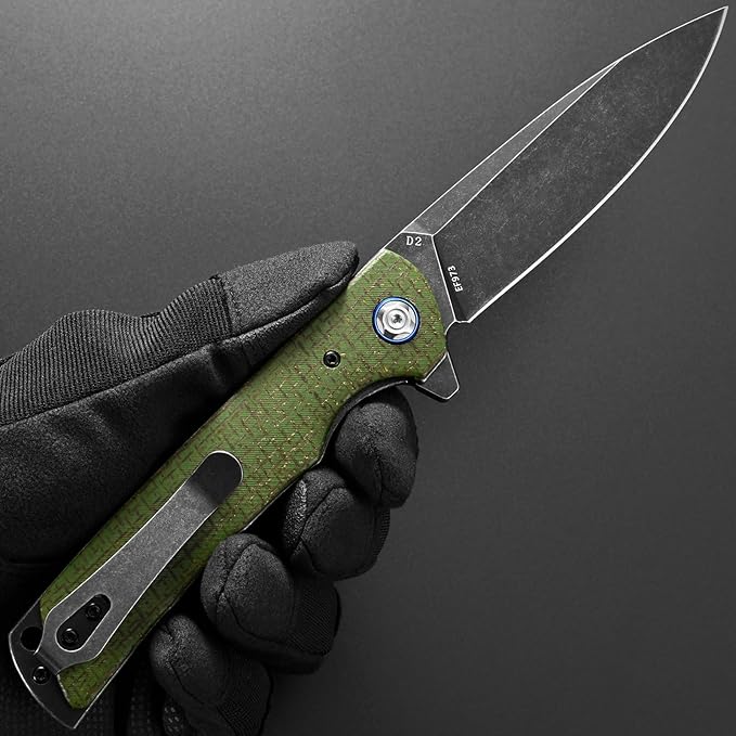 Eafengrow EF973 Folding Knife, D2 Steel Blade Micarta Handle Scale Pocket Knife Folder for Working Camping Hiking EDC Tool Knife（army green