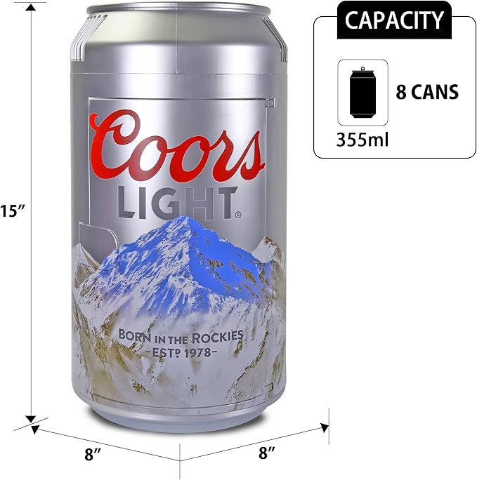 Coors Light Mini Fridge - Refrigerator for Bedroom Office, Portable Table Top Beverage Cooler, 12V 110V Refrigerador For Drinks, Soda, Wines, Use In Car, Dorm, Outdoor, 8 Can