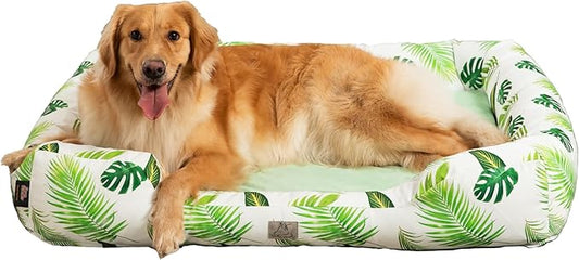 Furry's Paradise Foam Cuddler Waterproof Bolster Pet Bed with Reversible Cushion, Recycled Fibers and Non-Slip Bottom. (in The Tropics, Orthopedic Large)