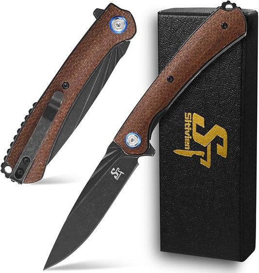 Sitivien ST144 Folding Knife,Black Stonewashed 14C28N Steel Blade,Micarta Handle Pocket Knife for Outdoor EDC Camping,Survival,Hiking,Fishing(Brown)