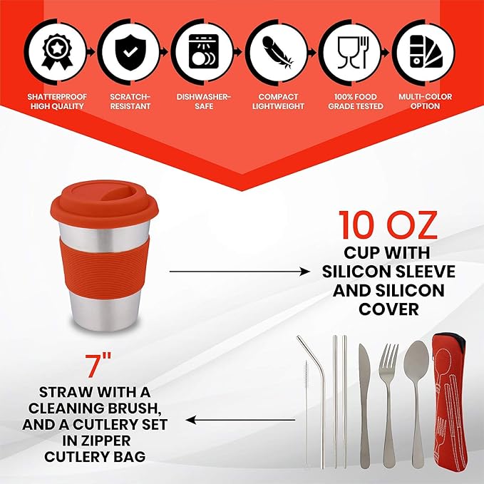 10-Piece Camping Dish Set - Stainless Steel Camp Mess Kit with Mesh Bag for Camping, Backpacking, Hiking - Complete Camping Dinnerware Set with Cup, Plate, Bowl, and Cutlery (with Zipper Cutlery Bag)