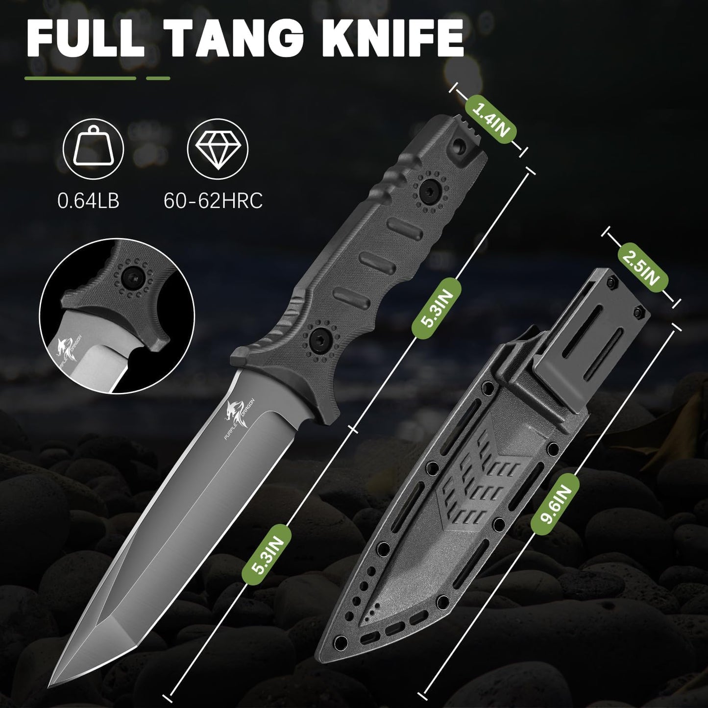 Purple Dragon Full Tang Fixed Blade Tactical Knife with Sheath